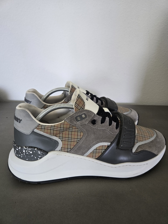 Burberry Beige Plaid & Gray Mixed-Material Sneakers